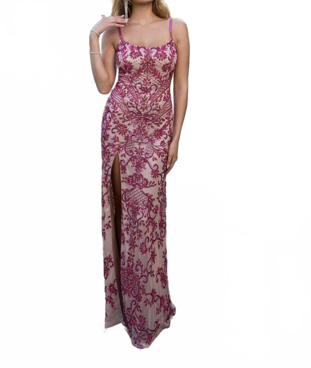 NEW RACHEL ALLAN fully beaded fitted long evening gown in nude hot pink
